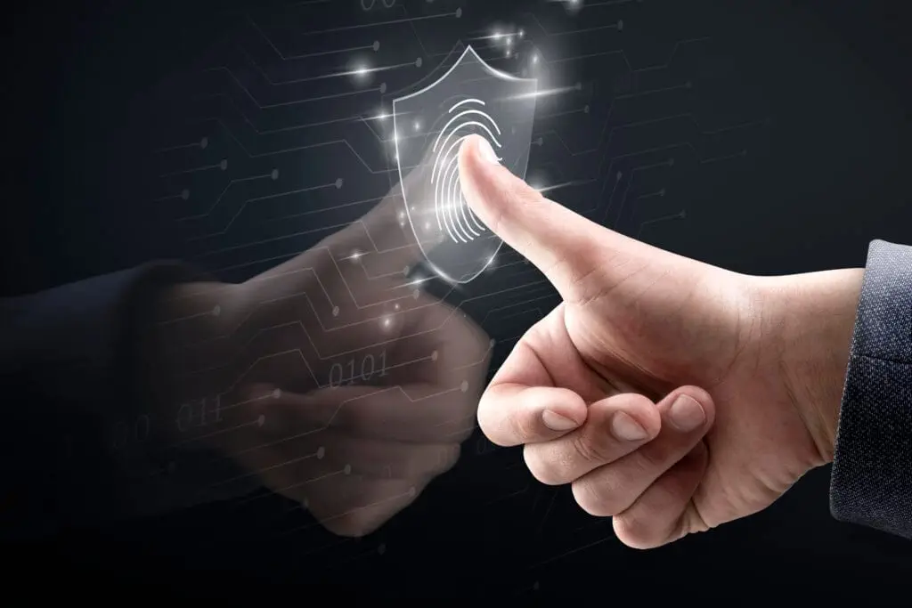 IDCUBE 17 biometric technology background with fingerprint scanning system virtual screen digital remix scaled